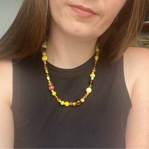 Amber Waves Brown & Yellow Beaded Necklace Mixed Beads Evil Eye Wood Glass Gold